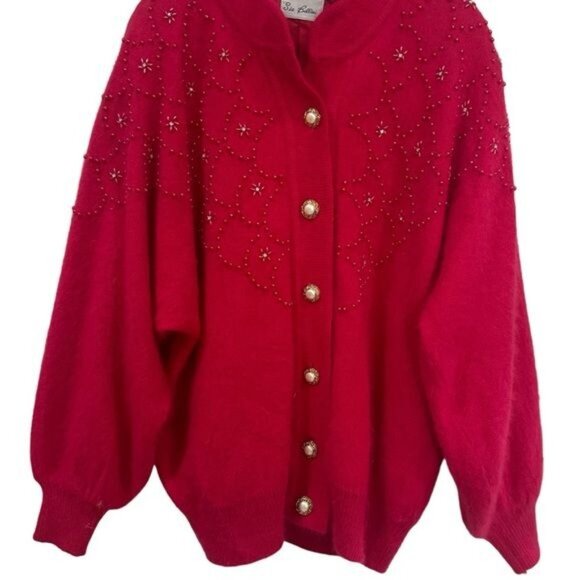 Vintage Sia Bellini Pink Floral Beaded Rabbit Hair Wool Blend Cardigan Luxury M - Picture 5 of 11